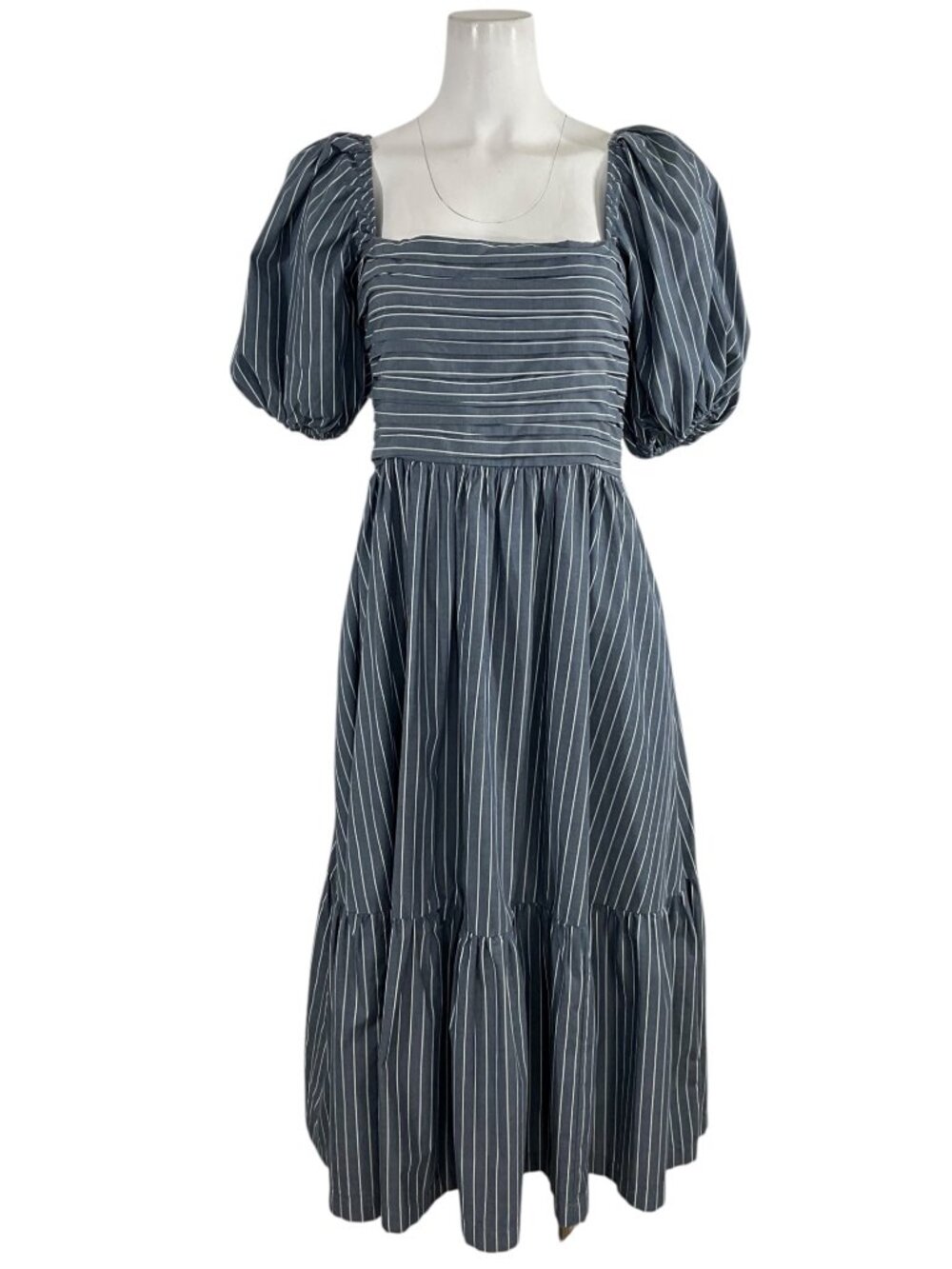 Abercrombie & Fitch Poplin Puff Sleeve Midi Dress M Blue Striped - Picture 7 of 16